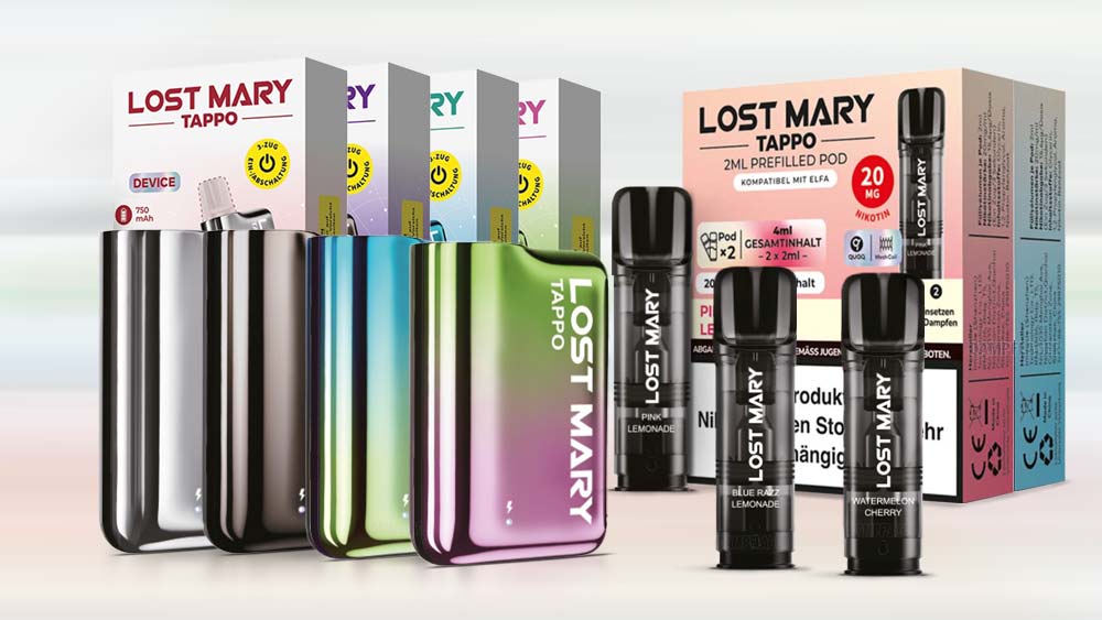Lost Marry Tappo Banner - Alle Sorten Pods und die Basisgeräte in allen Farben